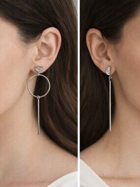 Minimalist Asymmetrical Silver Drop Earrings with CZ Accent Silver Post New